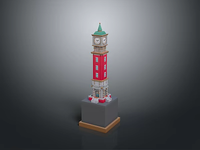 Red Clock Tower Building With Green Spire White Windows And Decorative Base 3d model