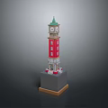 Red Clock Tower Building With Green Spire White Windows And Decorative Base 3d model