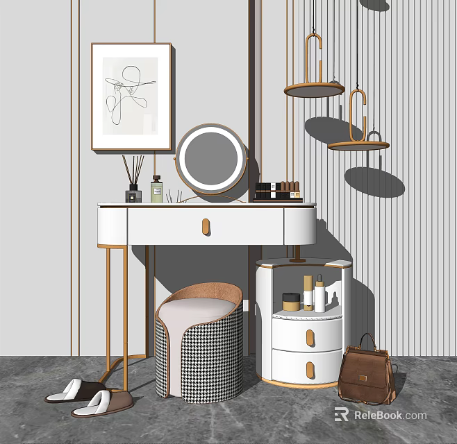 Modern Minimalist Dressing Table with Round Mirror Stool Decor Items and Hanging Lamp 3d model