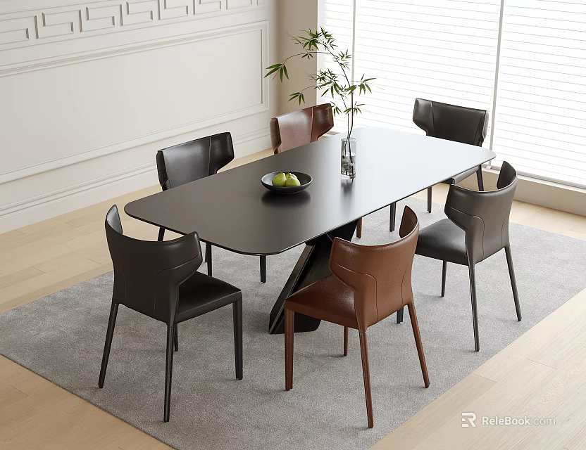 Modern Rectangular Dining Table With Six Black Brown Chairs Bowl Green Fruits Vase 3d model 