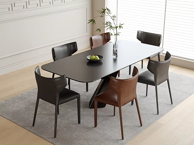 Modern Rectangular Dining Table With Six Black Brown Chairs Bowl Green Fruits Vase 3d model