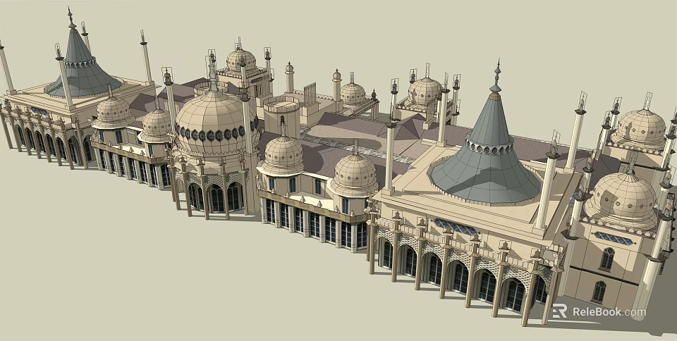 Ornate Detached Villa Featuring Dome Roofs Spires And Arched Windows Design 3d model 