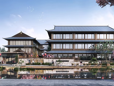 Scenic Commercial Complex With Traditional Tile Roofs Glass Windows And Water Pond 3d model