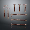 Various Hardware Tools Including Axes Hammers And Sickles With Leather Wrapped Handles
