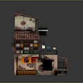 Cartoon Style Multi Story Building Scene With Red Tiled Roofs Balconies And Stone Paved Ground