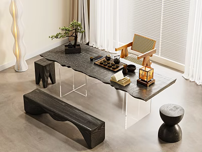 Modern Tea Table And Chairs Interior With Acrylic Legs Tea Set And Potted Plant 3d model