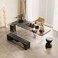 Modern Tea Table And Chairs Interior With Acrylic Legs Tea Set And Potted Plant