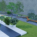 White Concrete Tree Planters With Green Trees And Black Perforated Walkway