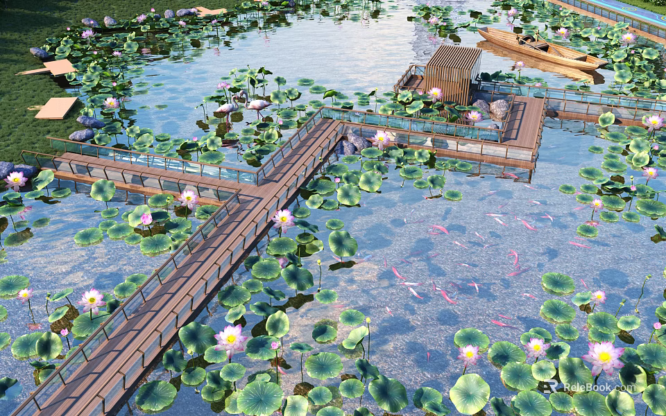 Tranquil Lotus Pond Scenery With Wooden Bridge Pavilion And Boats 3d model 