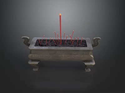 Square Ceramic Vessel With Ear Shaped Handles Legs And Lit Red Incense Sticks Candle 3d model