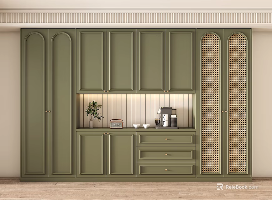 Modern Green Wine Cabinet Interior Design With Open Shelves Grille Doors And Decorative Plants 3d model 