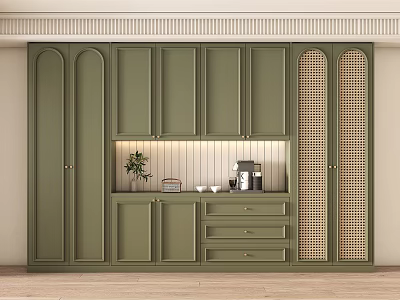 Modern Green Wine Cabinet Interior Design With Open Shelves Grille Doors And Decorative Plants 3d model