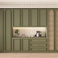 Modern Green Wine Cabinet Interior Design With Open Shelves Grille Doors And Decorative Plants