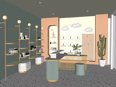 Modern Store Interior With Shelves Of Products Counter Plant And Cloud Wall Decor 3d model