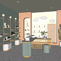 Modern Store Interior With Shelves Of Products Counter Plant And Cloud Wall Decor