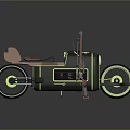 Showcase Retro Futuristic Motorcycle with Brown Seat Green Rims Black Body and Side Mounted Rifle