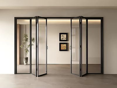 Black Framed Glass Folding Doors In Modern Interior With Wall Art And Potted Plant 3d model