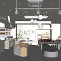 Dessert Shop With Glass Display Cases Pendant Lights White Decor Marble Floors And Bread Desserts