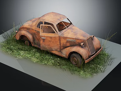 Rusty Old Vintage Car Surrounded by Green Grass on Display Platform 3d model