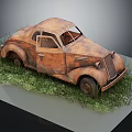 Rusty Old Vintage Car Surrounded by Green Grass on Display Platform 3d model