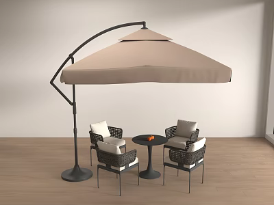 Beige Arched Patio Umbrella with Outdoor Chairs and Coffee Table in Wooden Floor Setting 3d model