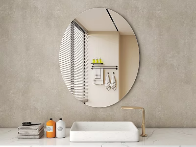 Oval Mirror In Bathroom Reflecting Towel Rack And Shelf With Bottles 3d model