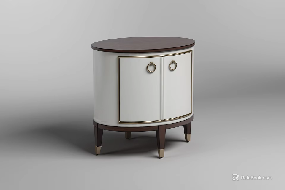 Modern Elegant Nightstand With Round Brown Top White Double Doors And Metal Round Handles 3d model 