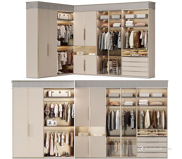 Modern Spacious Wardrobe Interior With Open Compartments Hanging Rails Drawers And Shelf Storage 3d model 