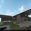 Modern Detached Villa With Sloped Roof Large Glass Windows Landscaped Garden And Driveway