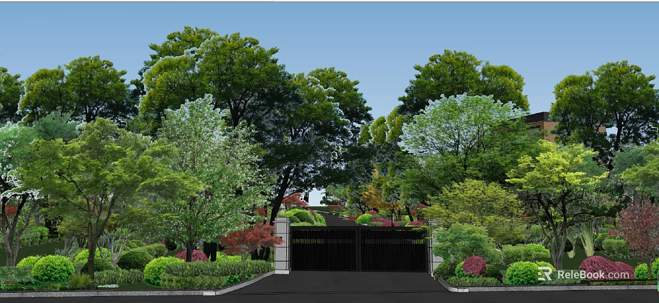 Lush Courtyard Garden Design With Green Trees Colorful Shrubs And Decorative Gate 3d model 