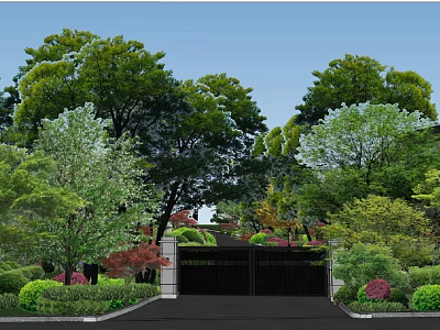 Lush Courtyard Garden Design With Green Trees Colorful Shrubs And Decorative Gate 3d model