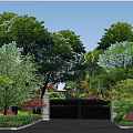 Lush Courtyard Garden Design With Green Trees Colorful Shrubs And Decorative Gate