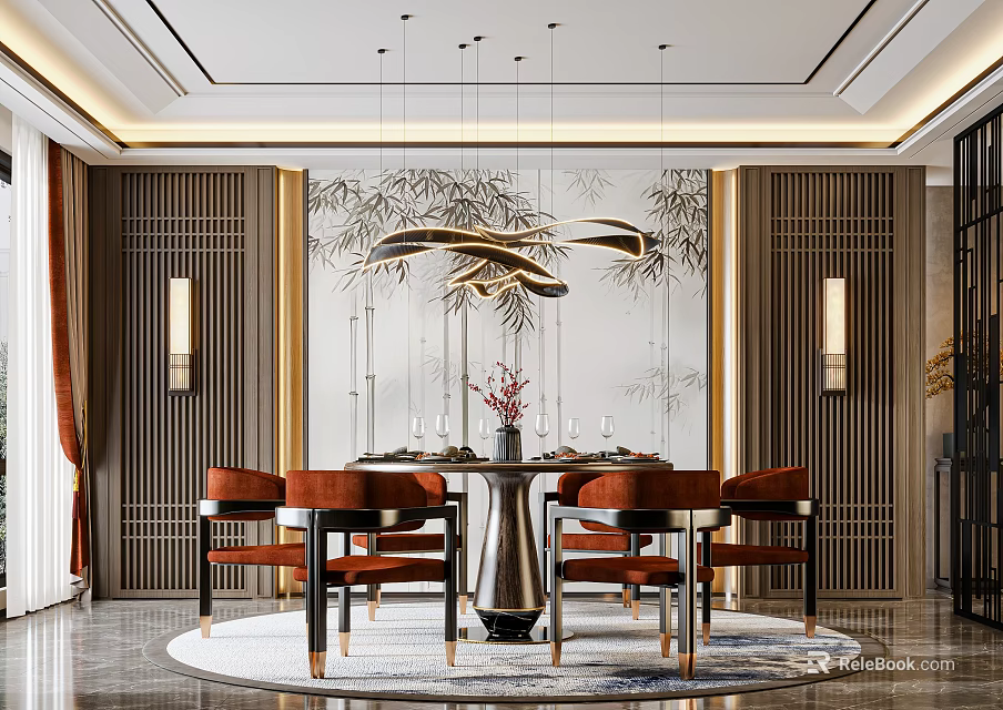 Elegant Modern Restaurant Interior Featuring Round Table Dining Chairs Bamboo Leaf Decor And Chinese Chandelier 3d model 