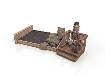 Rustic Wooden Platform Bed With Cloth Pillows Steps And Decorative Lantern Buckets 3d model