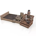 Rustic Wooden Platform Bed With Cloth Pillows Steps And Decorative Lantern Buckets