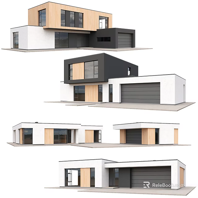 Modern House Exterior Designs With Multiple Angles White Black Facade And Wooden Panels 3d model 