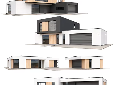 Modern House Exterior Designs With Multiple Angles White Black Facade And Wooden Panels 3d model