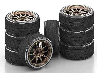 Stacked Car Tires With Alloy Rims And Rubber Tread Patterns 3d model