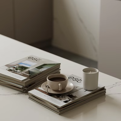 Elegant Tea Cup And Saucer On White Marble Table With Stacked Magazines And Candle 3d model