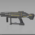 Futuristic Sci Fi Weapon With Detailed Gray And Yellow Design Barrel Grip And Display Stand