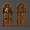 Antique Wooden Doors With Mythical Beast Head Ornament Circular Patterns And Intricate Carvings
