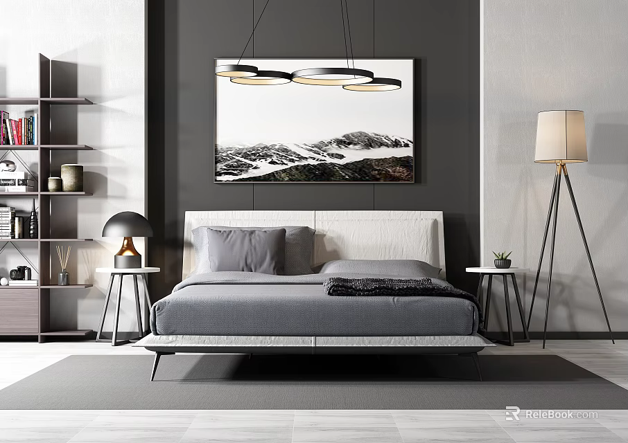 Modern Double Bed in Gray Bedding with Wall Art Bedside Tables Bookshelf and Floor Lamp 3d model 
