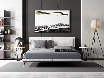 Modern Double Bed in Gray Bedding with Wall Art Bedside Tables Bookshelf and Floor Lamp 3d model