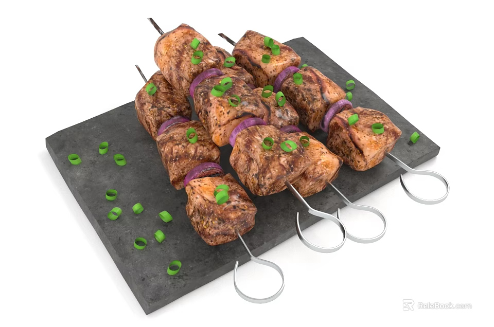Grilled Meat Skewers with Onions and Chopped Green Onions on Black Slate Plate 3d model 
