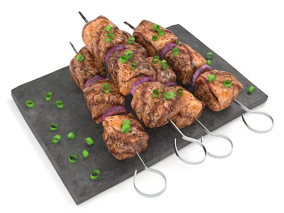 Grilled Meat Skewers with Onions and Chopped Green Onions on Black Slate Plate 3d model