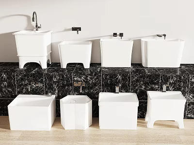 White Washbasins Various Styles On Black Marble Countertop With White Wall And Light Wooden Floor 3d model