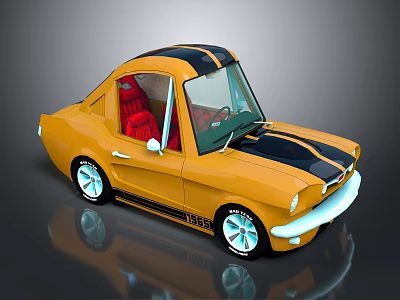 Yellow Vintage 1965 Car With Black Stripes Red Seats And White Wheels 3d model