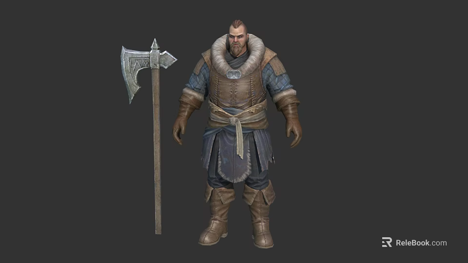Viking Male Warrior Character In Armor With Fur Collar Battle Axe And Leather Boots 3d model 