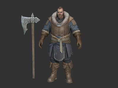 Viking Male Warrior Character In Armor With Fur Collar Battle Axe And Leather Boots 3d model