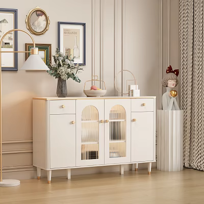 White Sideboard with Glass Doors Drawers and Gold Legs in Cozy Living Room 3d model